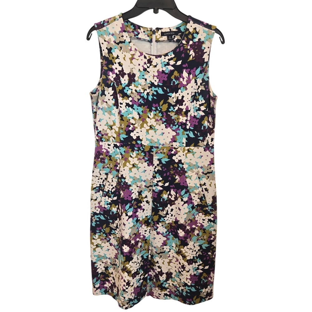 Land's End Floral Sleeveless Sheath Dress‎ Midi Pockets Career Office Size 8